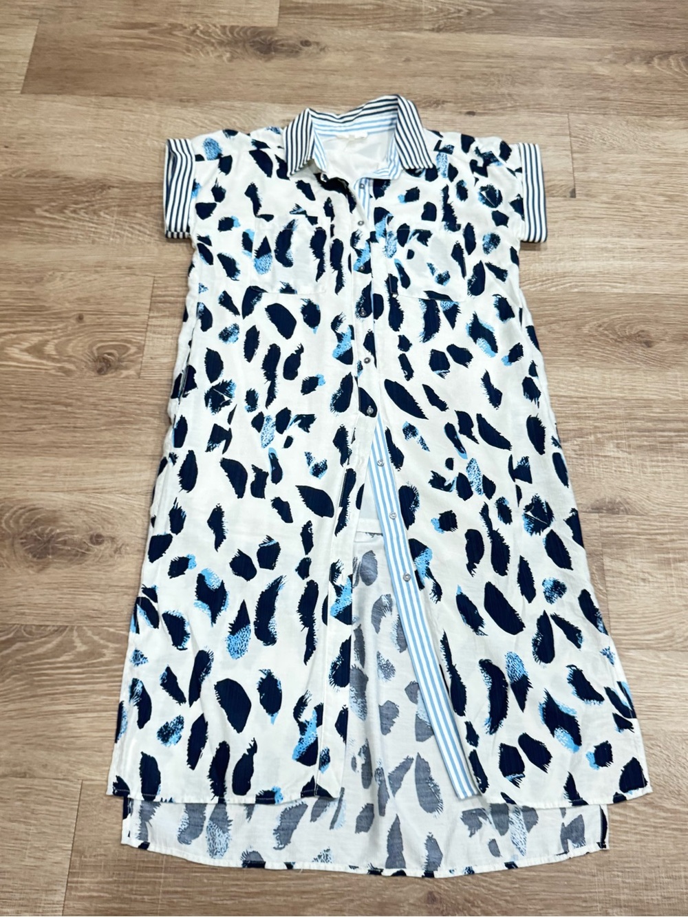 Entro Blue White Abstract Midi Shirt Dress Small Collared Button Front S(2-6)